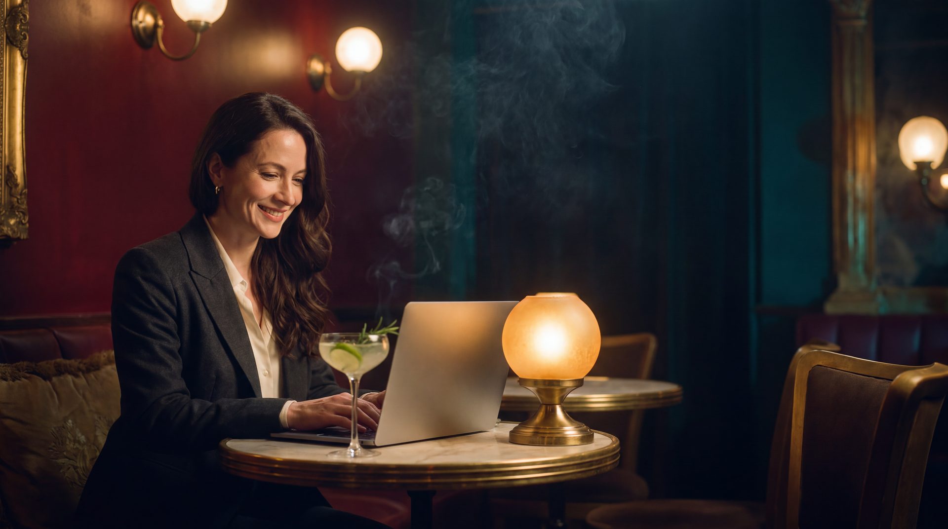 Coworking in Fort Worth, a professional working on a laptop with a mocktail in The Room at 3 Point, a private members club and sober work space